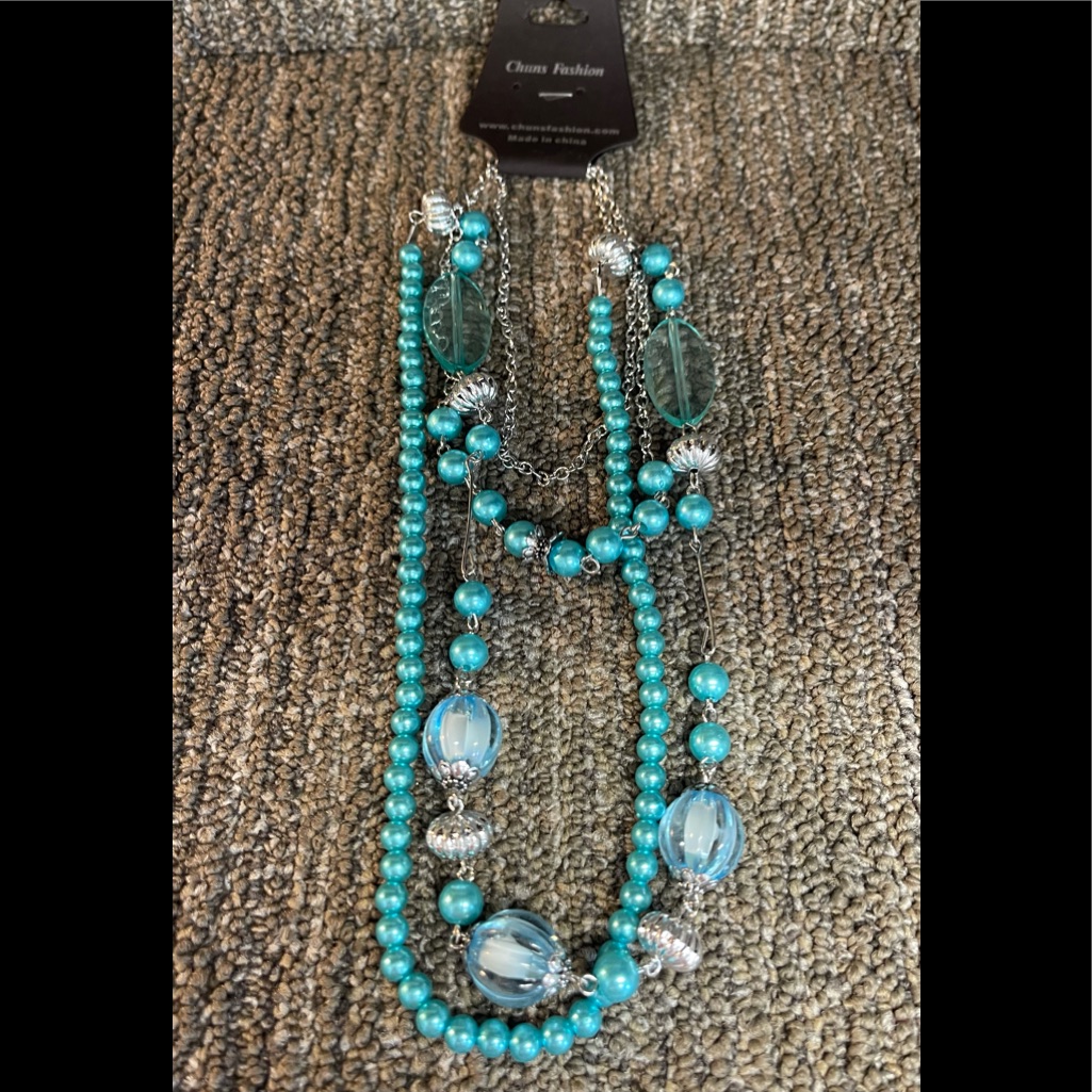 New-Turquoise Blue 4 Dangle Bead Necklace